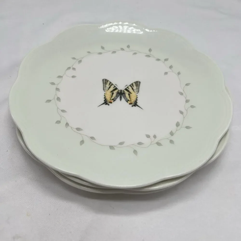 3 Lenox Butterfly Meadow Scallop Round Dessert Lunch Salad Plates Green‎ 8” Set